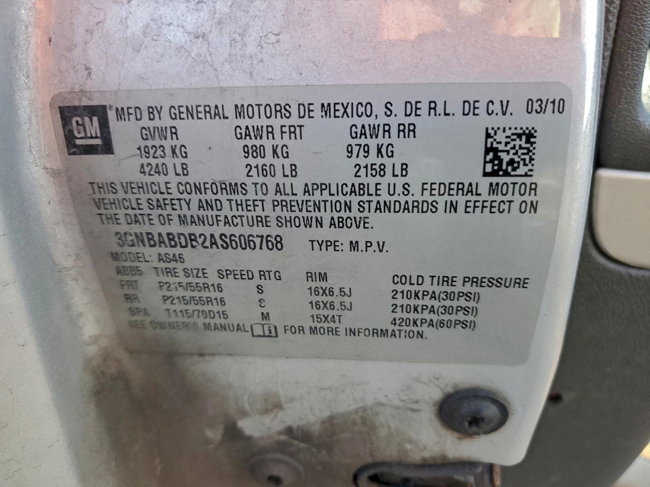 2010 Chevrolet Hhr Lt VIN: 3GNBABDB2AS606768 Lot: 92828335