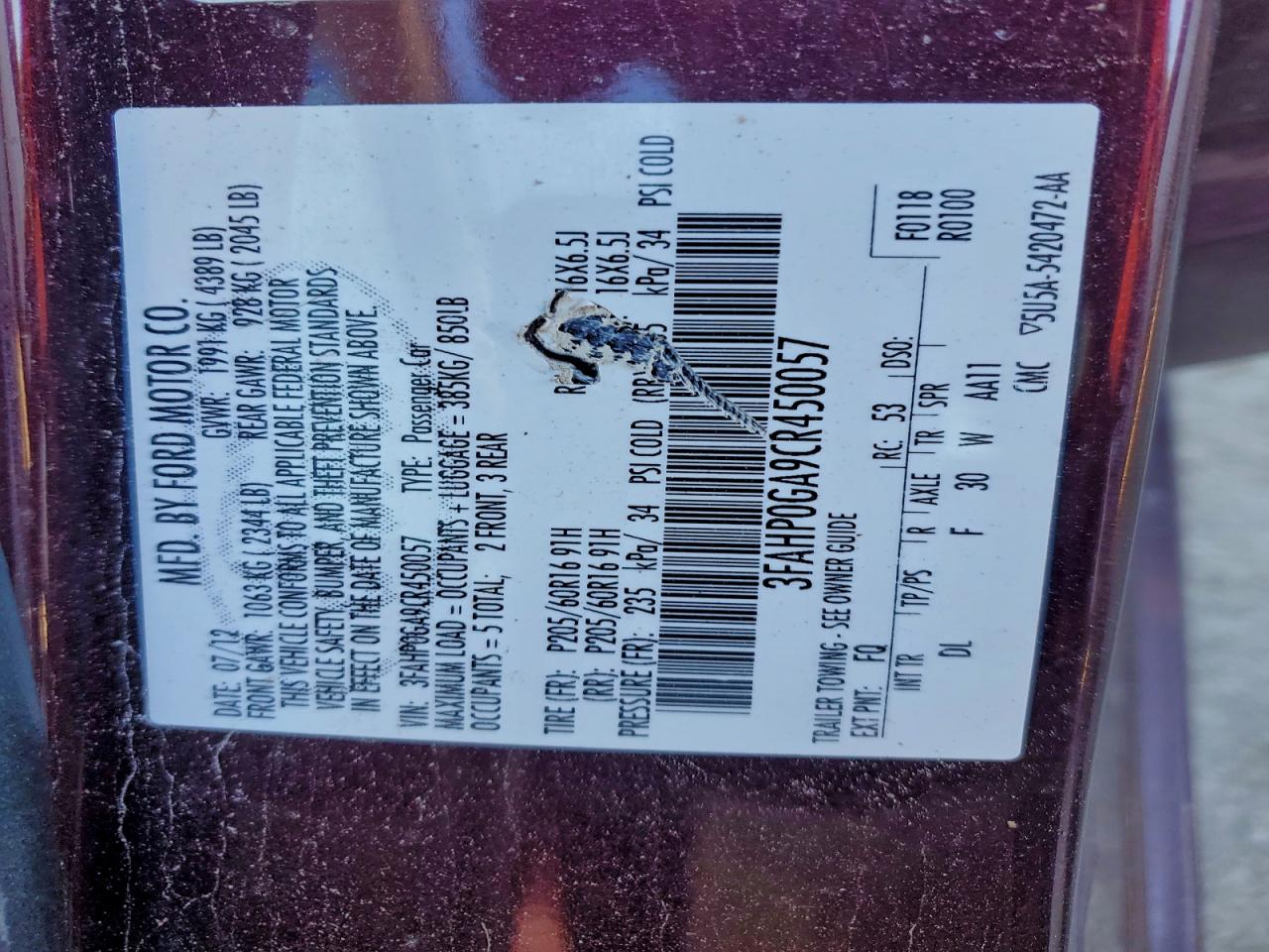 2012 Ford Fusion S VIN: 3FAHP0GA9CR450057 Lot: 94440615