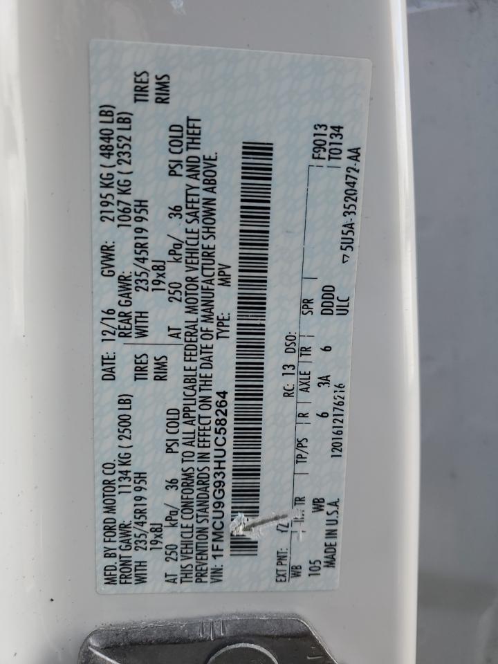 2017 Ford Escape Se VIN: 1FMCU9G93HUC58264 Lot: 92909105