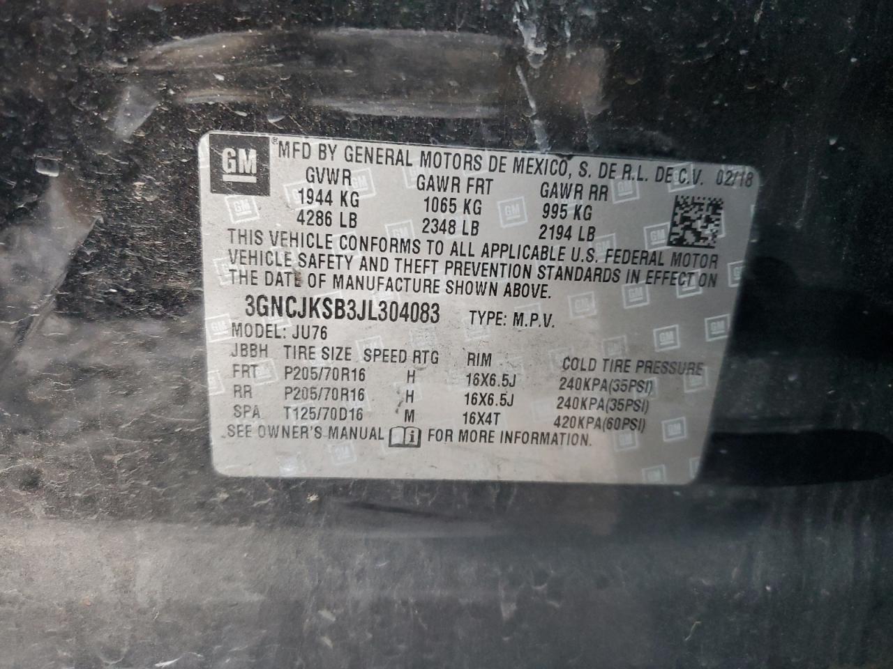 2018 Chevrolet Trax Ls VIN: 3GNCJKSB3JL304083 Lot: 92083085