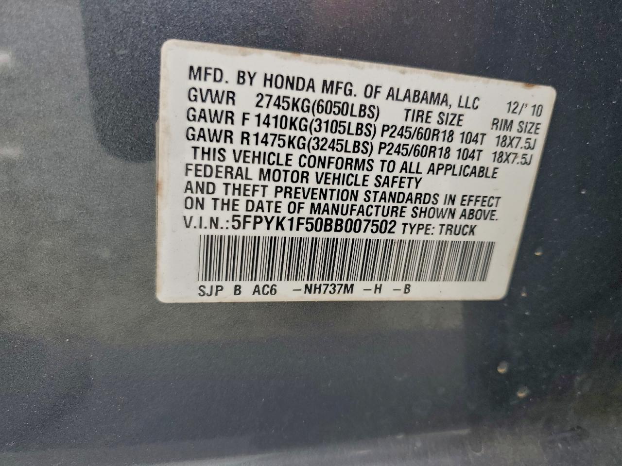 2011 Honda Ridgeline Rtl VIN: 5FPYK1F50BB007502 Lot: 93267835