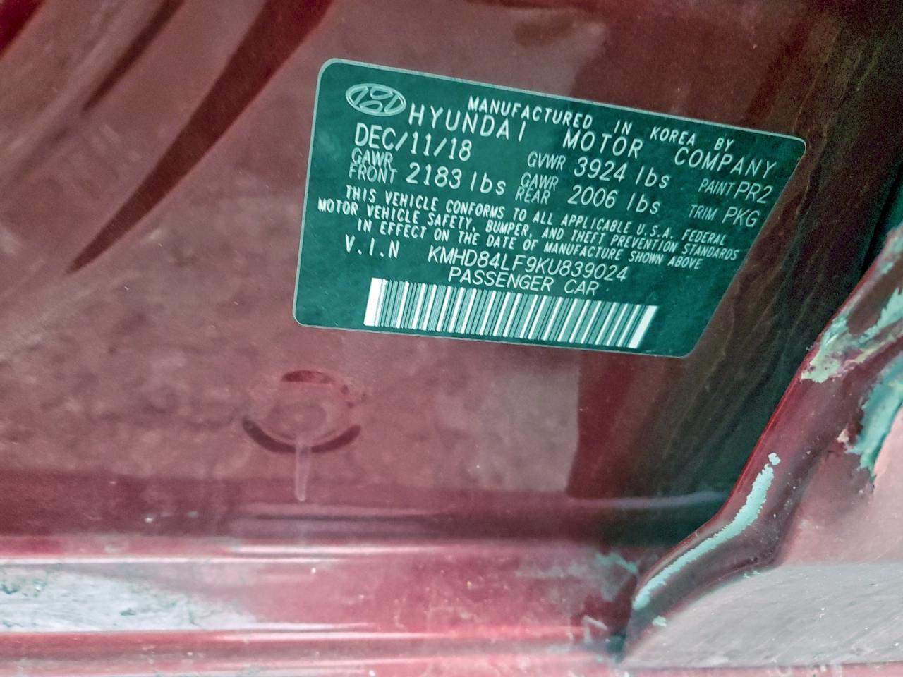 2019 Hyundai Elantra Sel VIN: KMHD84LF9KU839024 Lot: 93672175