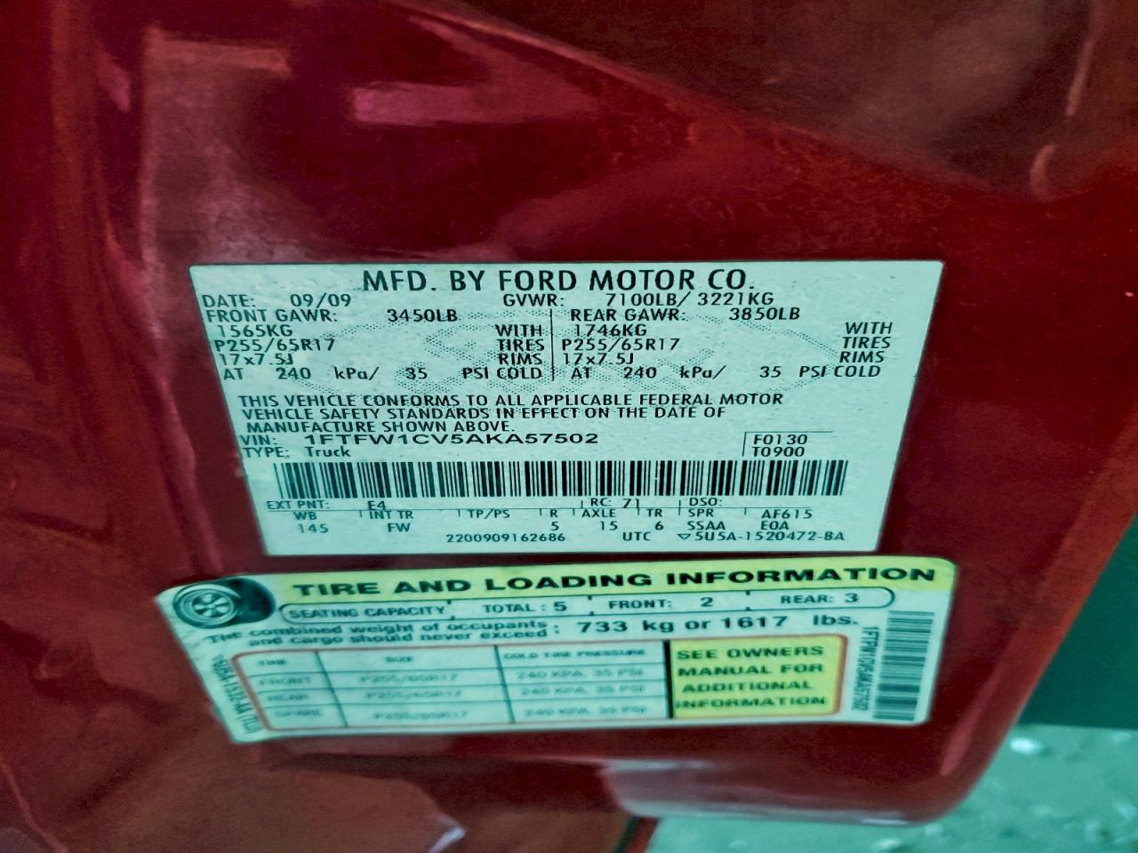 2010 Ford F150 Supercrew VIN: 1FTFW1CV5AKA57502 Lot: 93956205