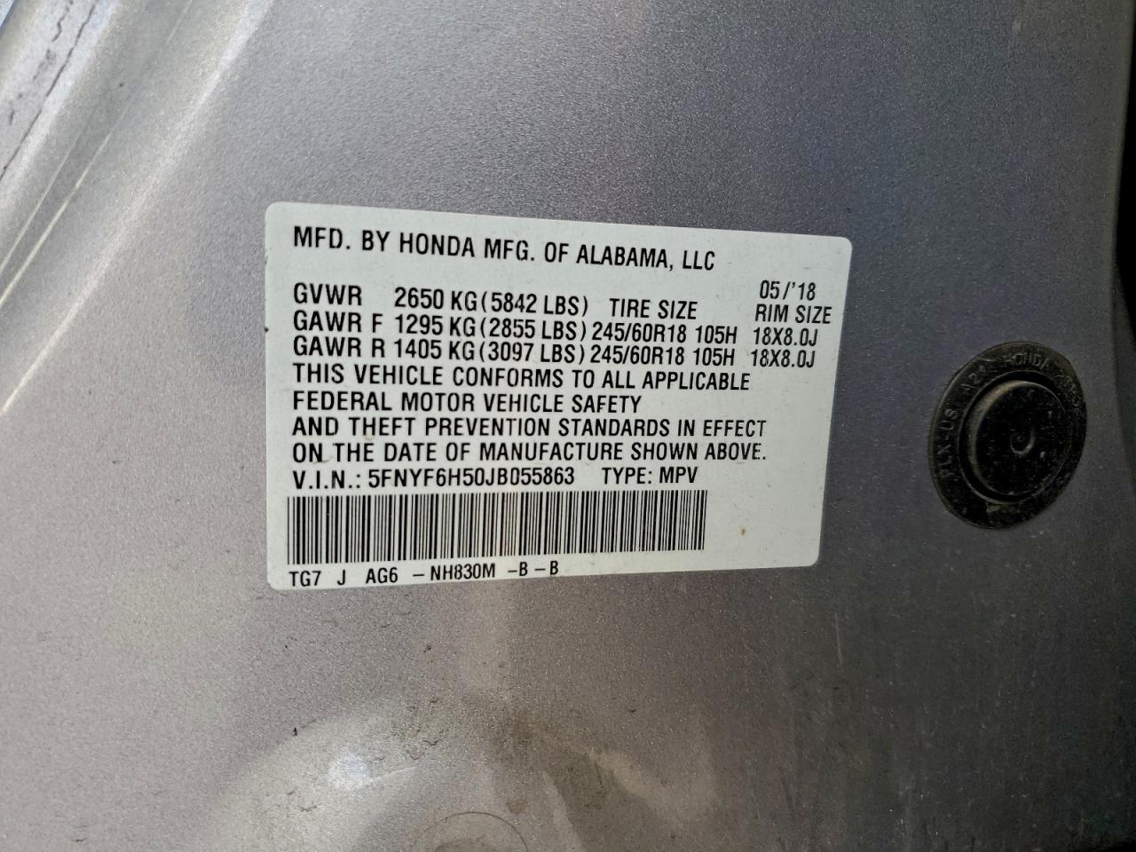 2018 Honda Pilot Exl VIN: 5FNYF6H50JB055863 Lot: 93865285