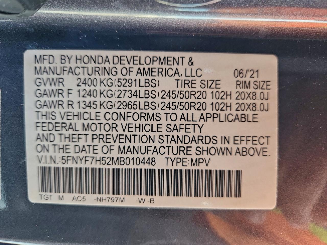 2021 Honda Passport Exl VIN: 5FNYF7H52MB010448 Lot: 94092485