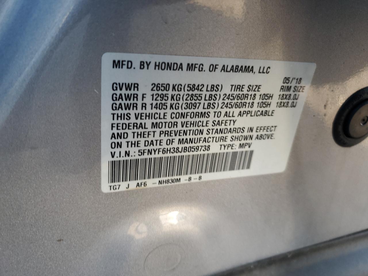 2018 Honda Pilot Ex VIN: 5FNYF6H38JB059738 Lot: 92507035