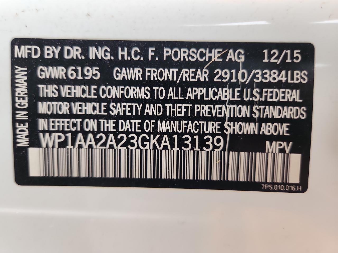 2016 Porsche Cayenne VIN: WP1AA2A23GKA13139 Lot: 85434235