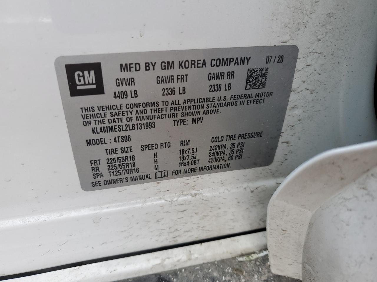 2020 Buick Encore Gx Select VIN: KL4MMESL2LB131993 Lot: 93018285