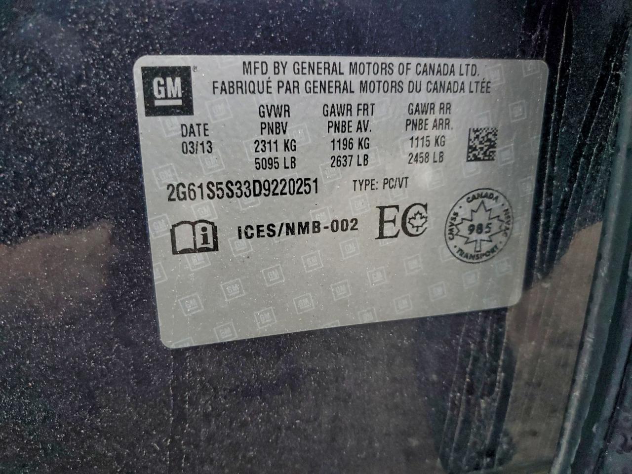 2013 Cadillac Xts Premium Collection VIN: 2G61S5S33D9220251 Lot: 92251985