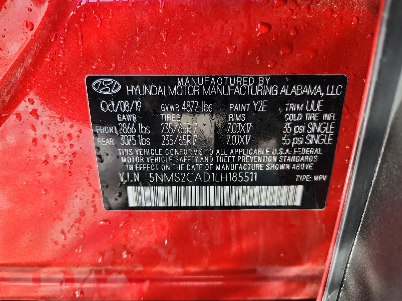 2020 Hyundai Santa Fe Se VIN: 5NMS2CAD1LH185511 Lot: 91308005