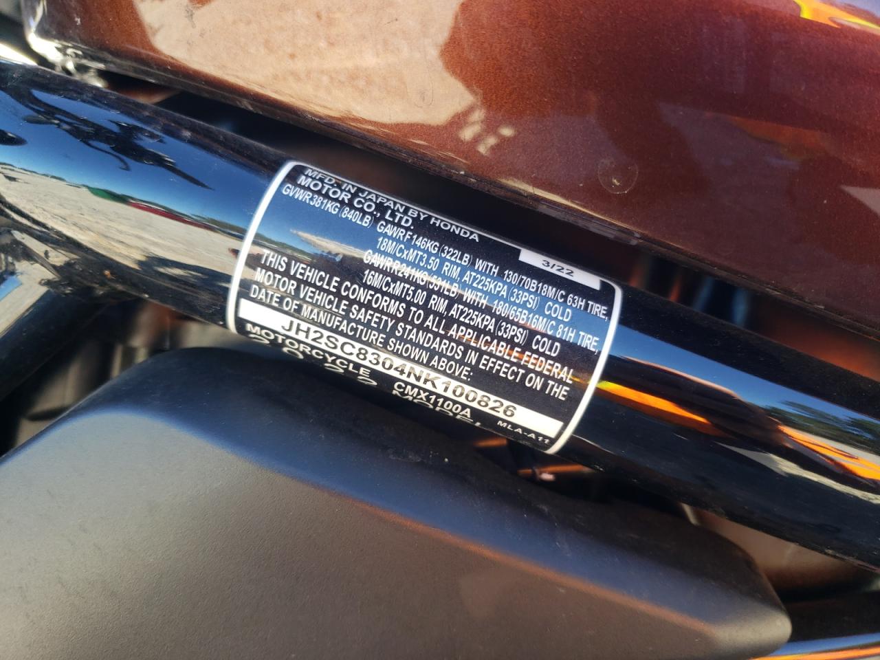 2022 Honda Cmx1100 A VIN: JH2SC8304NK100826 Lot: 92066695