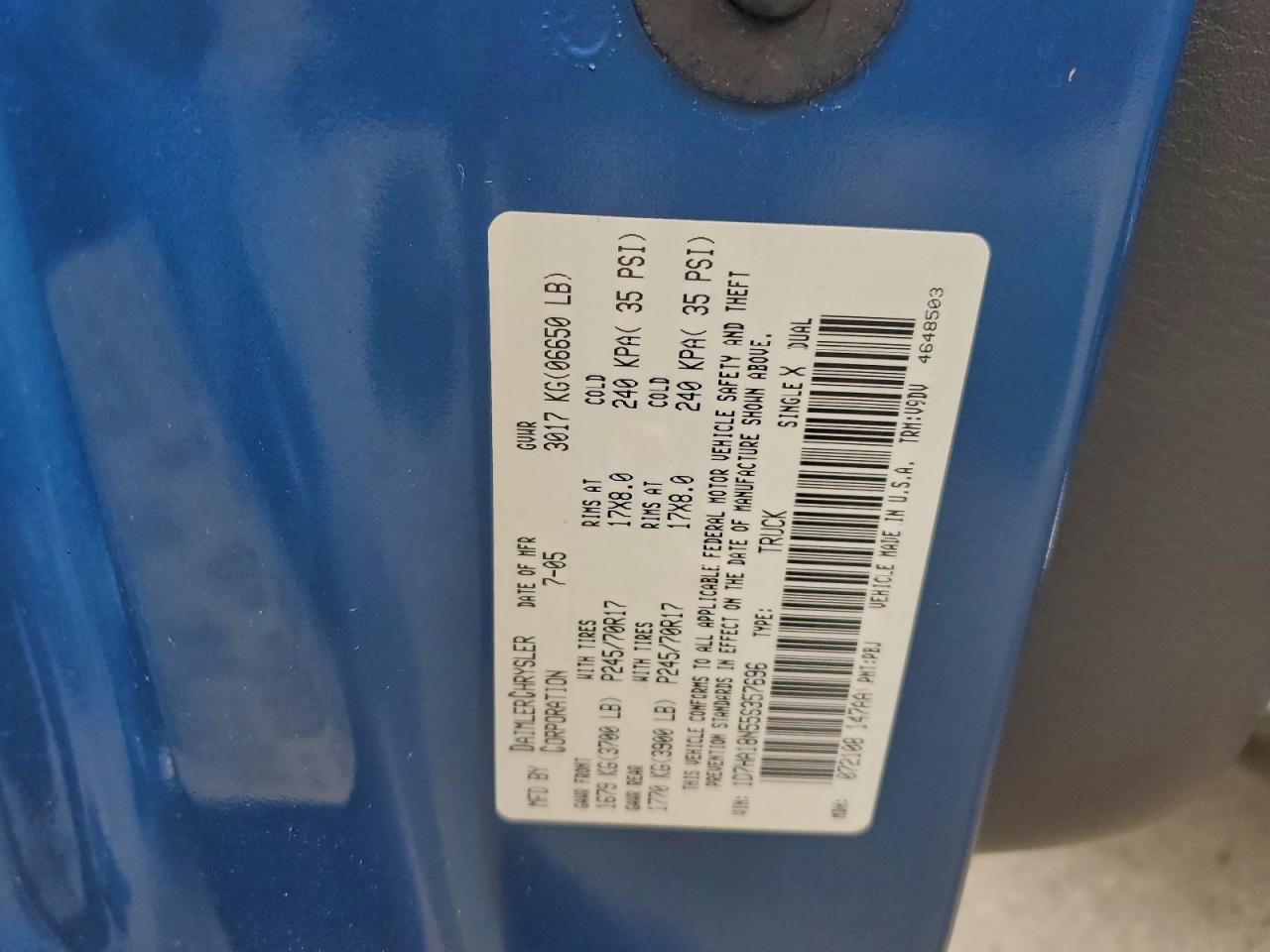 2005 Dodge Ram 1500 St VIN: 1D7HA18N55S357696 Lot: 94574535