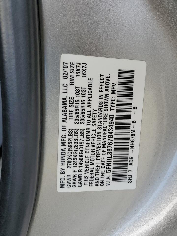 2007 Honda Odyssey Exl VIN: 5FNRL38767B434940 Lot: 92416005