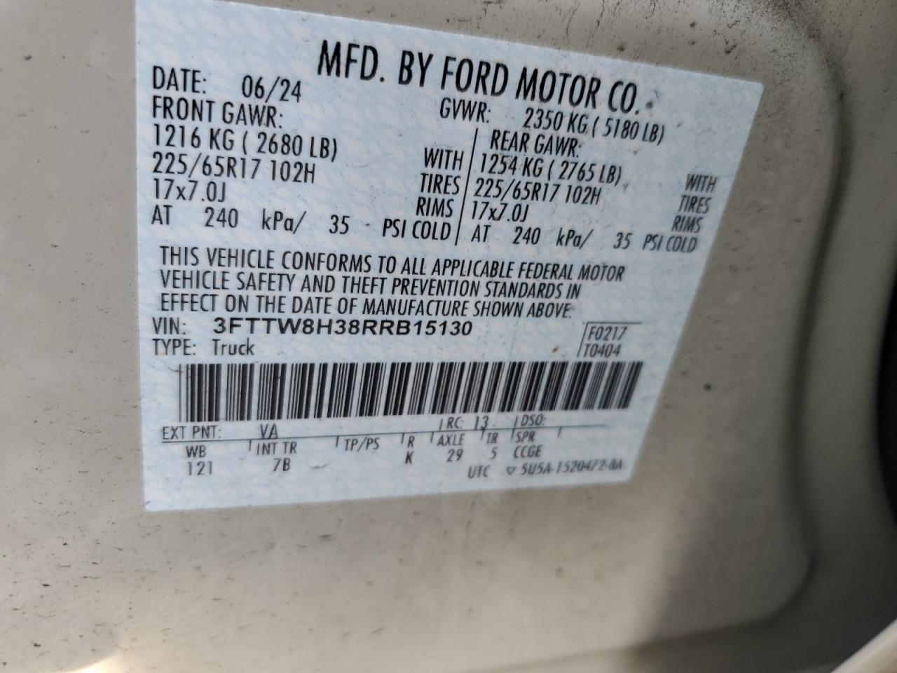 2024 Ford Maverick Xlt VIN: 3FTTW8H38RRB15130 Lot: 92076185