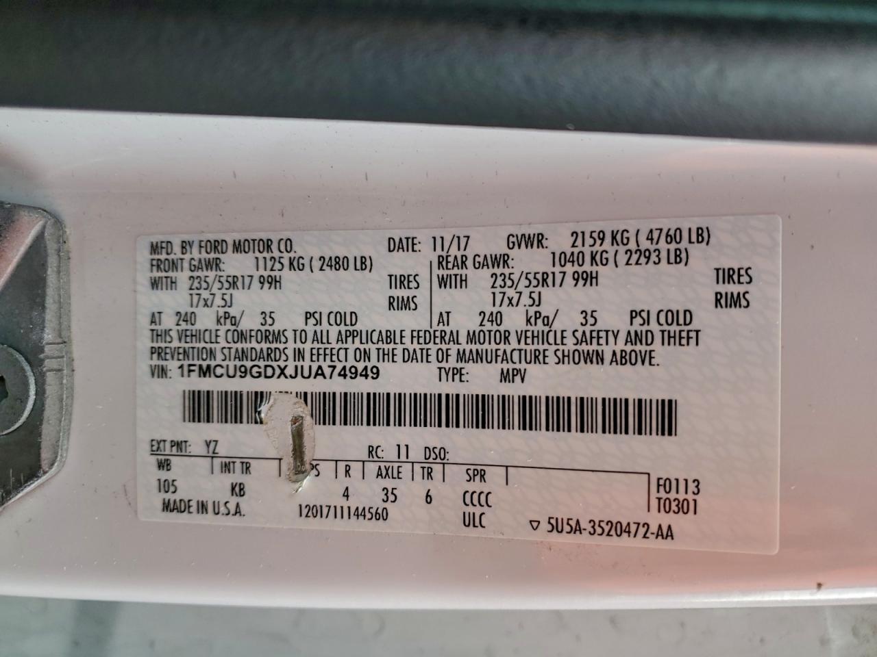 2018 Ford Escape Se VIN: 1FMCU9GDXJUA74949 Lot: 94116605