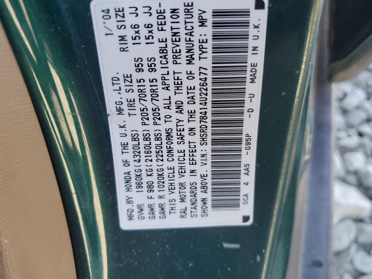 2004 Honda Cr-V Lx VIN: SHSRD78414U226477 Lot: 91498885