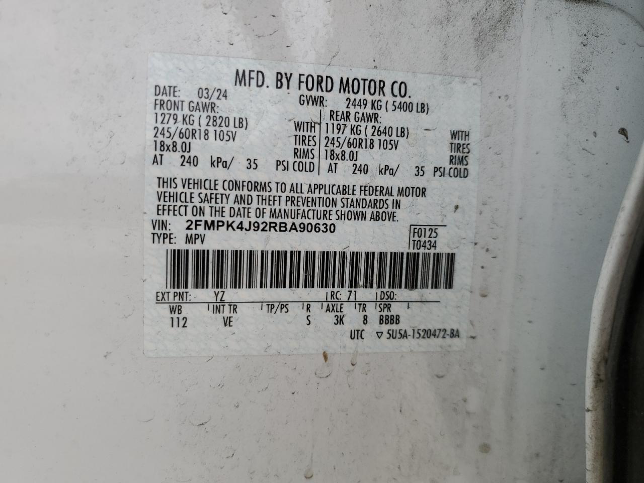 2024 Ford Edge Sel VIN: 2FMPK4J92RBA90630 Lot: 93790235