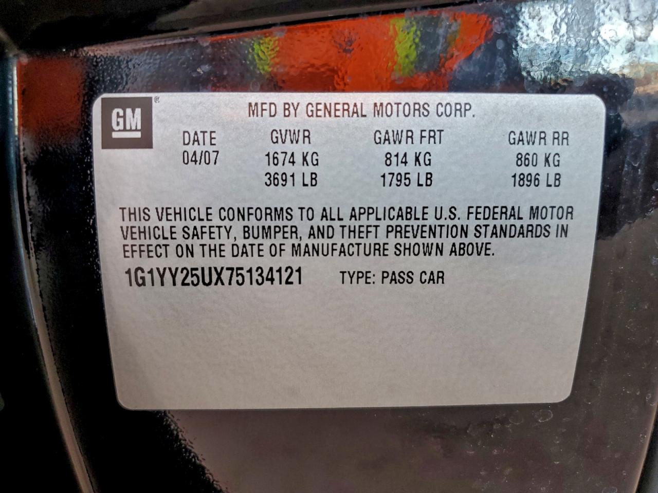 2007 Chevrolet Corvette VIN: 1G1YY25UX75134121 Lot: 93984475