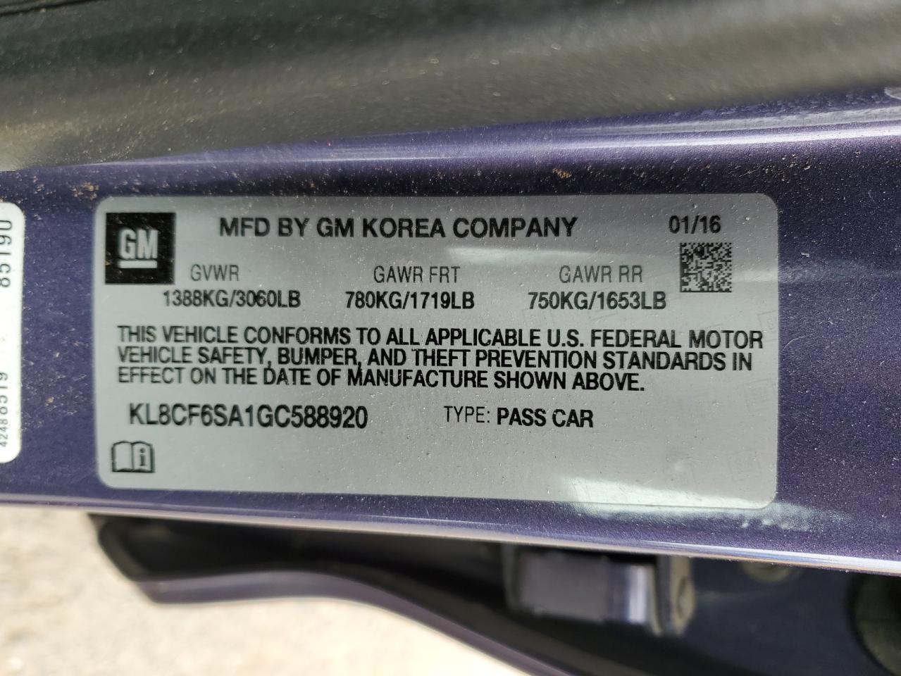 2016 Chevrolet Spark 2Lt VIN: KL8CF6SA1GC588920 Lot: 90978215