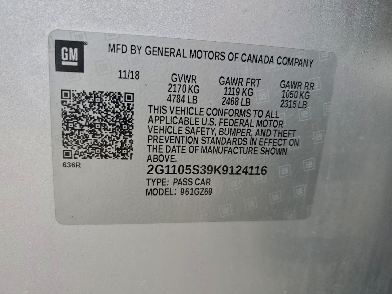 2019 Chevrolet Impala Premier VIN: 2G1105S39K9124116 Lot: 94082395