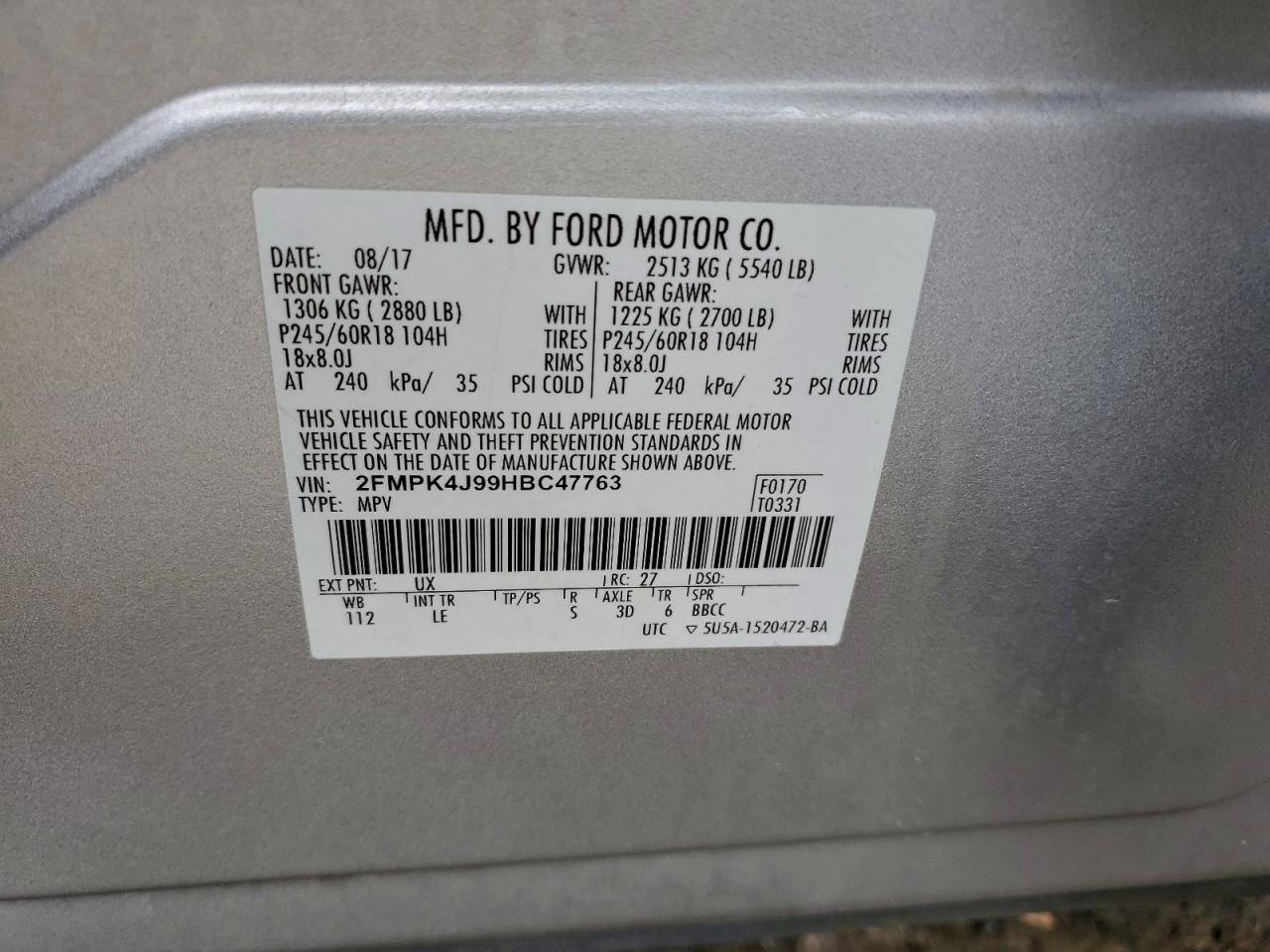 2017 Ford Edge Sel VIN: 2FMPK4J99HBC47763 Lot: 94372555