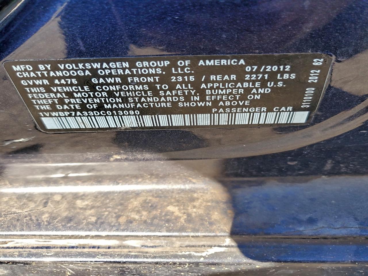 2013 Volkswagen Passat Se VIN: 1VWBP7A33DC013090 Lot: 93675025