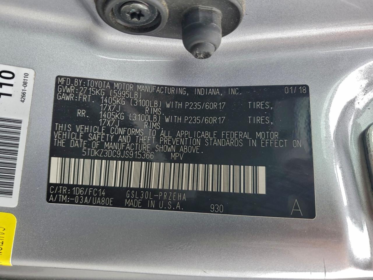 2018 Toyota Sienna Le VIN: 5TDKZ3DC9JS915366 Lot: 94792755