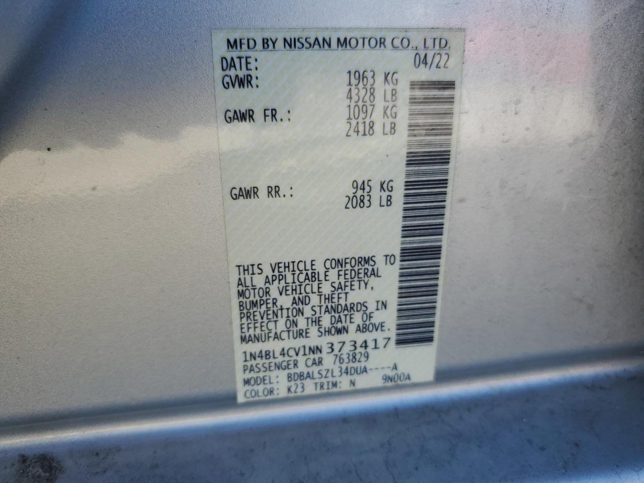 2022 Nissan Altima Sr VIN: 1N4BL4CV1NN373417 Lot: 92351775