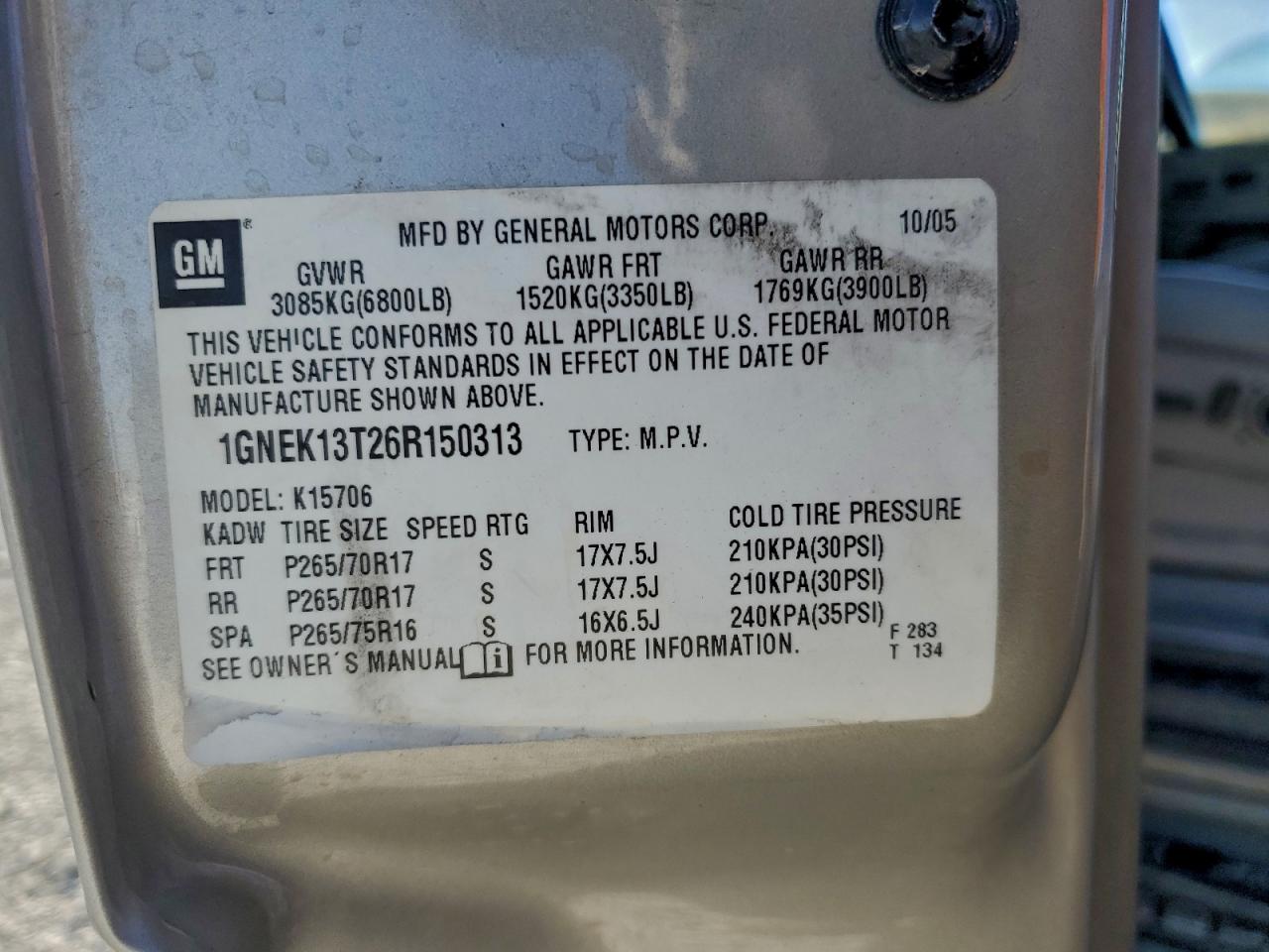 2006 Chevrolet Tahoe K1500 VIN: 1GNEK13T26R150313 Lot: 94533925
