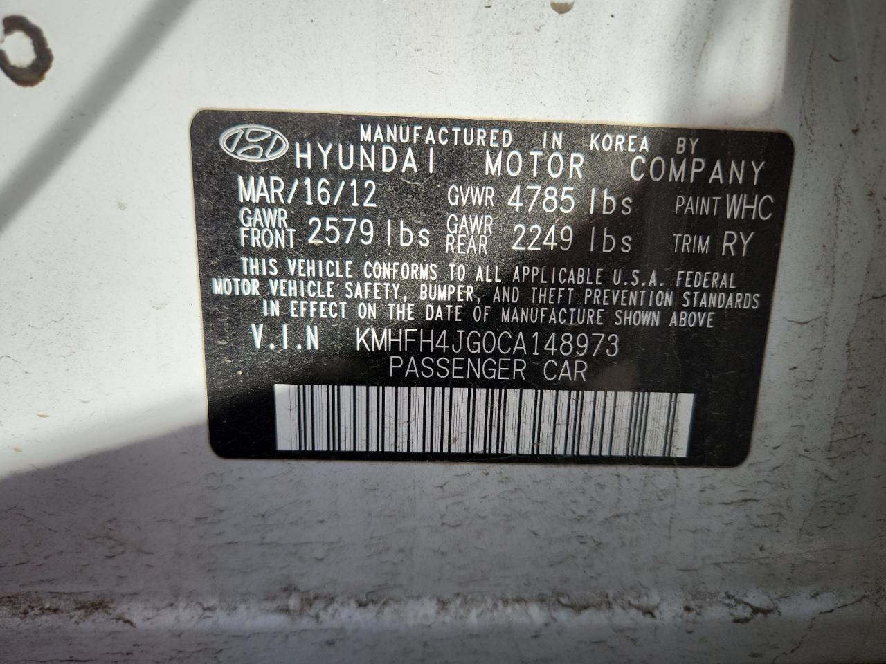 2012 Hyundai Azera Gls VIN: KMHFH4JG0CA148973 Lot: 91620795