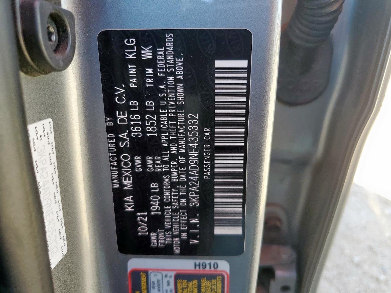 2022 Kia Rio Lx VIN: 3KPA24AD9NE435332 Lot: 91458575