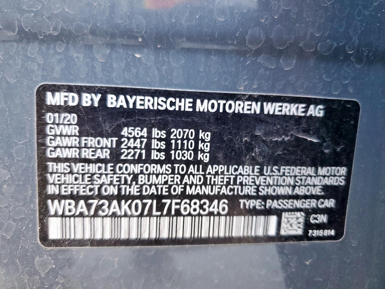 2020 BMW 228Xi VIN: WBA73AK07L7F68346 Lot: 93118185