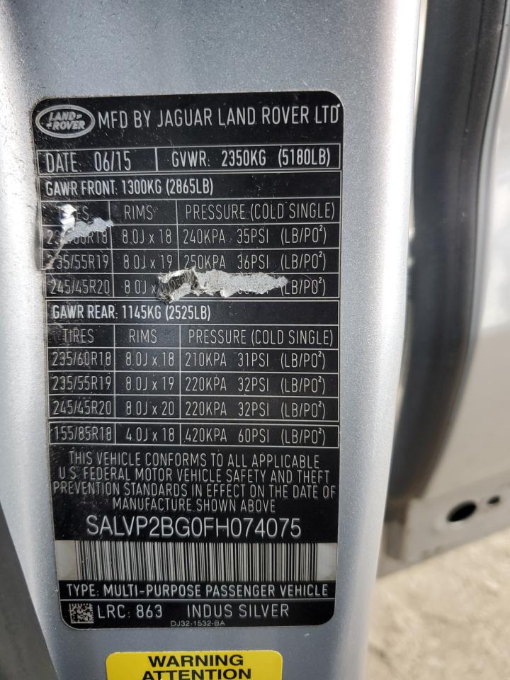 2015 Land Rover Range Rover Evoque Pure Plus VIN: SALVP2BG0FH074075 Lot: 93258355