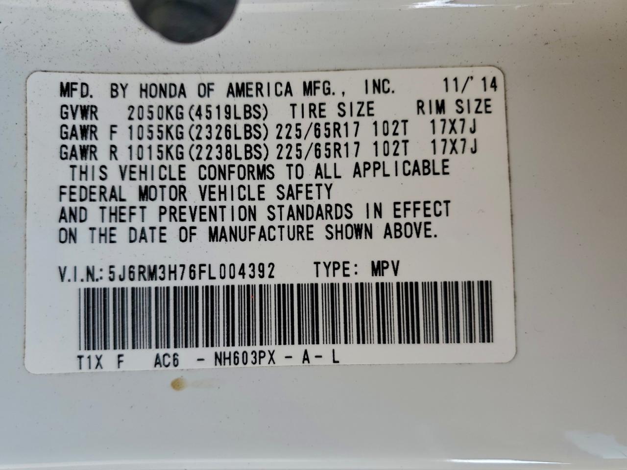 2015 Honda Cr-V Exl VIN: 5J6RM3H76FL004392 Lot: 93814985