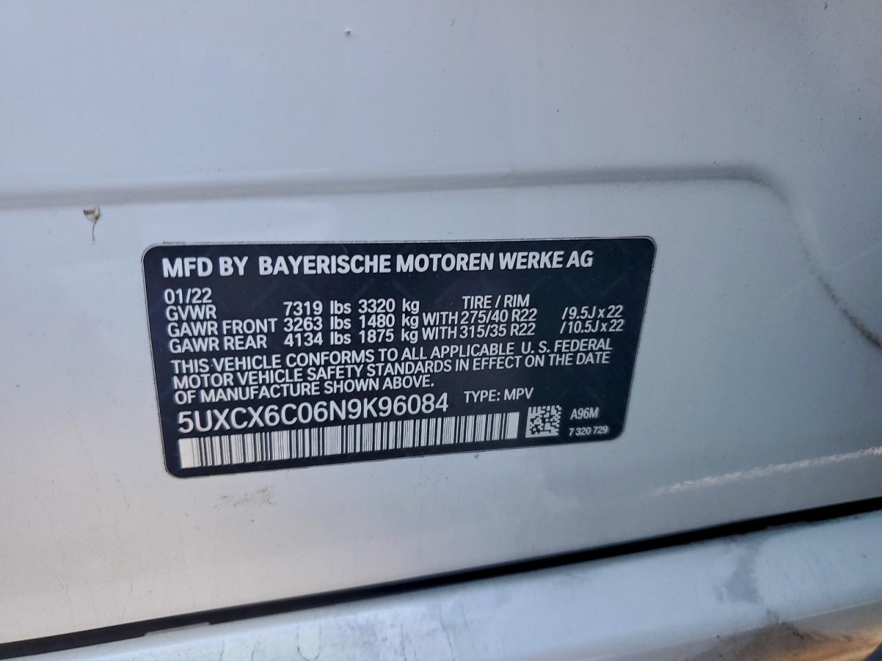 2022 BMW X7 M50I VIN: 5UXCX6C06N9K96084 Lot: 94231035