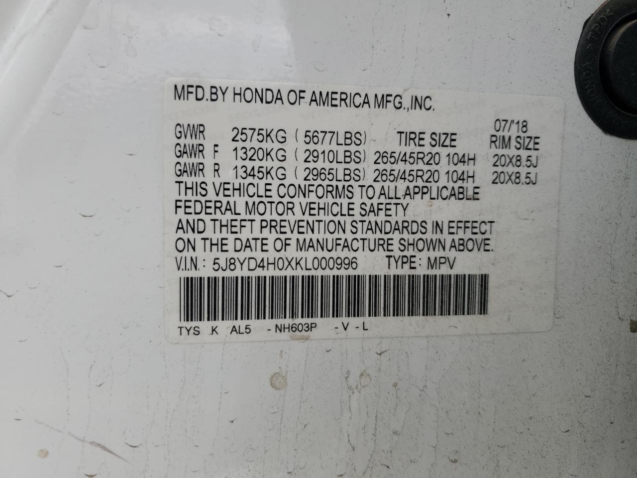 2019 Acura Mdx A-Spec VIN: 5J8YD4H0XKL000996 Lot: 93140295