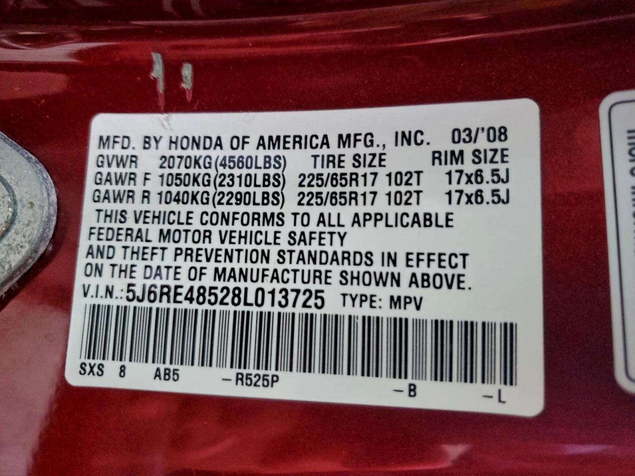 2008 Honda Cr-V Ex VIN: 5J6RE48528L013725 Lot: 93151655