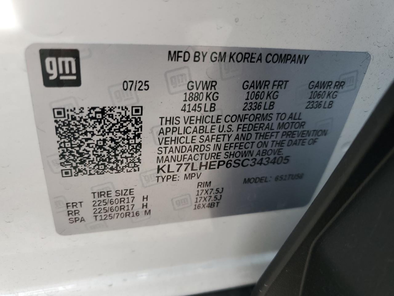 2025 Chevrolet Trax 1Lt VIN: KL77LHEP6SC343405 Lot: 93330845