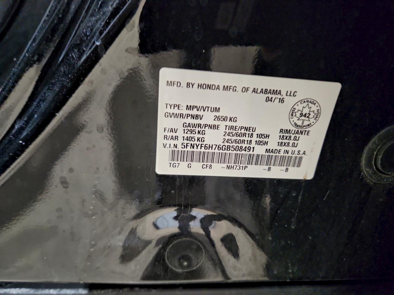 2016 Honda Pilot Exln VIN: 5FNYF6H76GB508491 Lot: 94191325