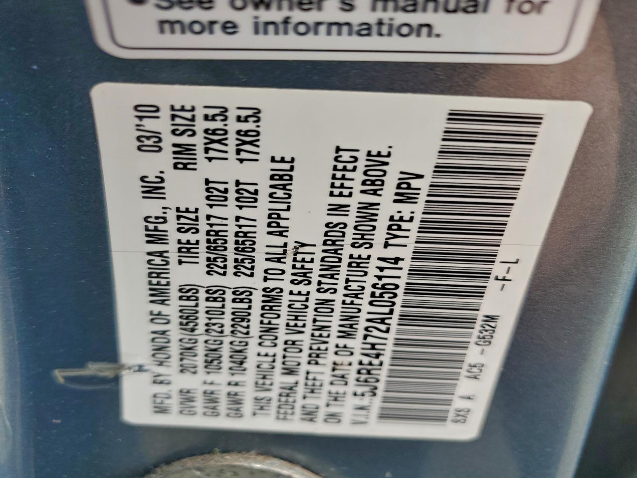 2010 Honda Cr-V Exl VIN: 5J6RE4H72AL056114 Lot: 93606265