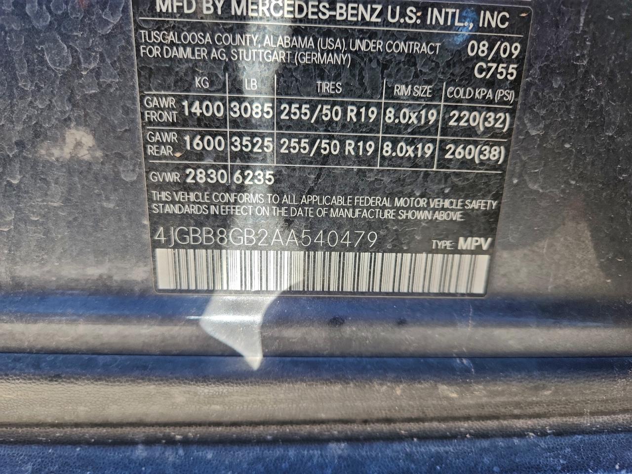 2010 Mercedes-Benz Ml 350 4Matic VIN: 4JGBB8GB2AA540479 Lot: 94149465