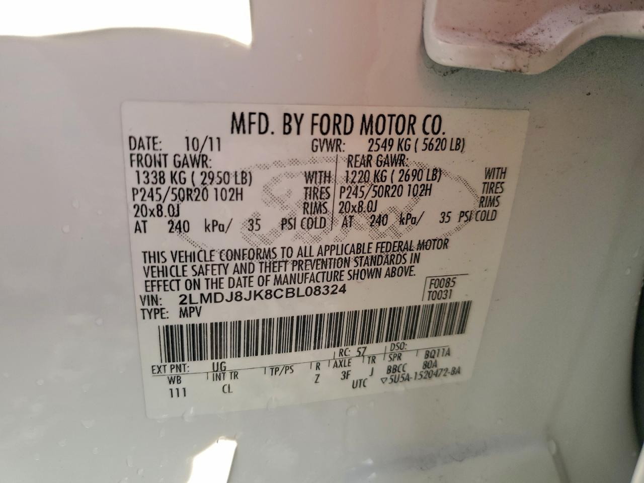 2012 Lincoln Mkx VIN: 2LMDJ8JK8CBL08324 Lot: 94574585