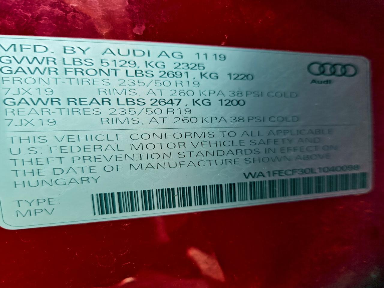 2020 Audi Q3 Prestige S-Line VIN: WA1FECF30L1040098 Lot: 94357925