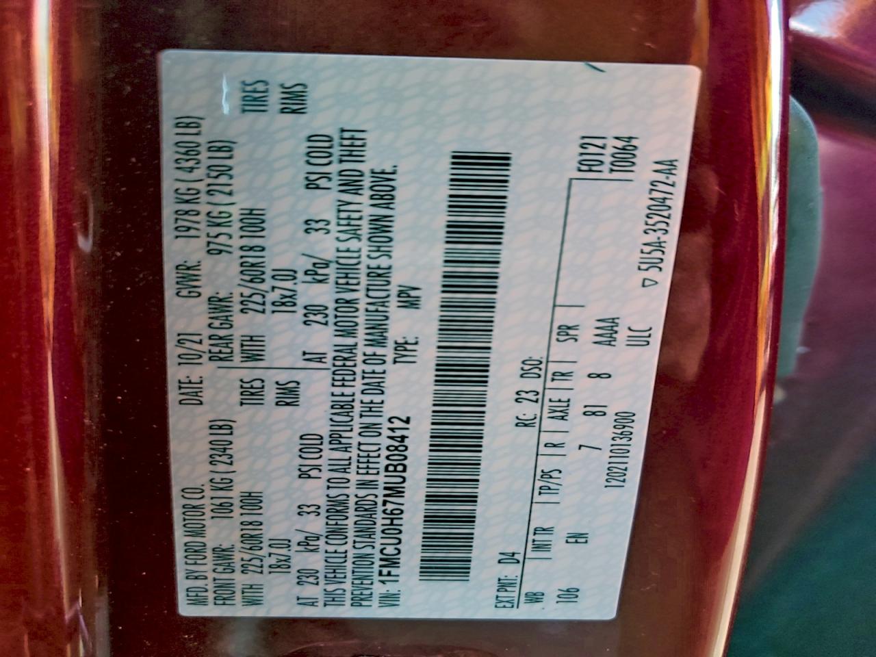 2021 Ford Escape Sel VIN: 1FMCU0H67MUB08412 Lot: 94092585