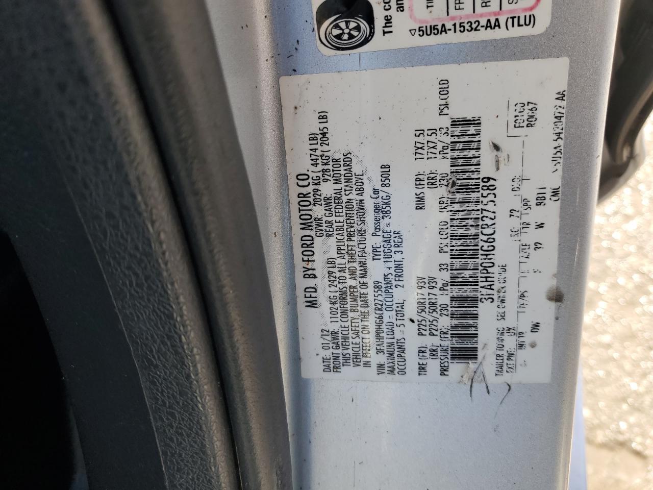 2012 Ford Fusion Se VIN: 3FAHP0HG6CR275589 Lot: 92314555