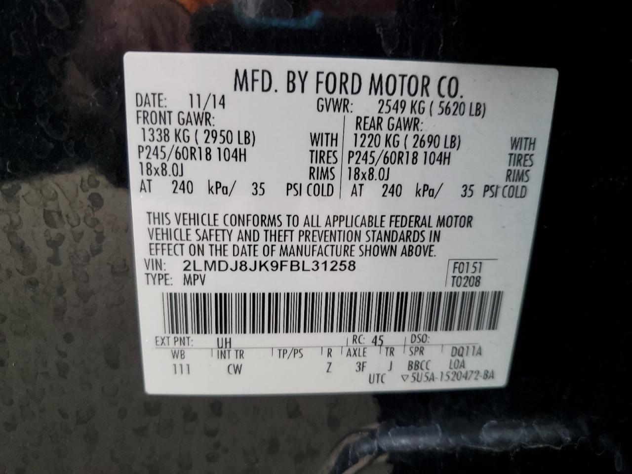 2015 Lincoln Mkx VIN: 2LMDJ8JK9FBL31258 Lot: 93892435