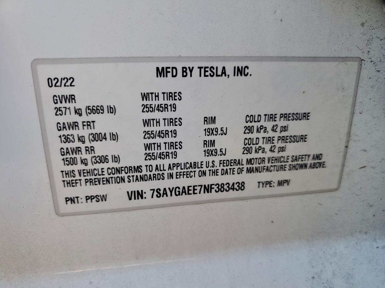 2022 Tesla Model Y VIN: 7SAYGAEE7NF383438 Lot: 91482665