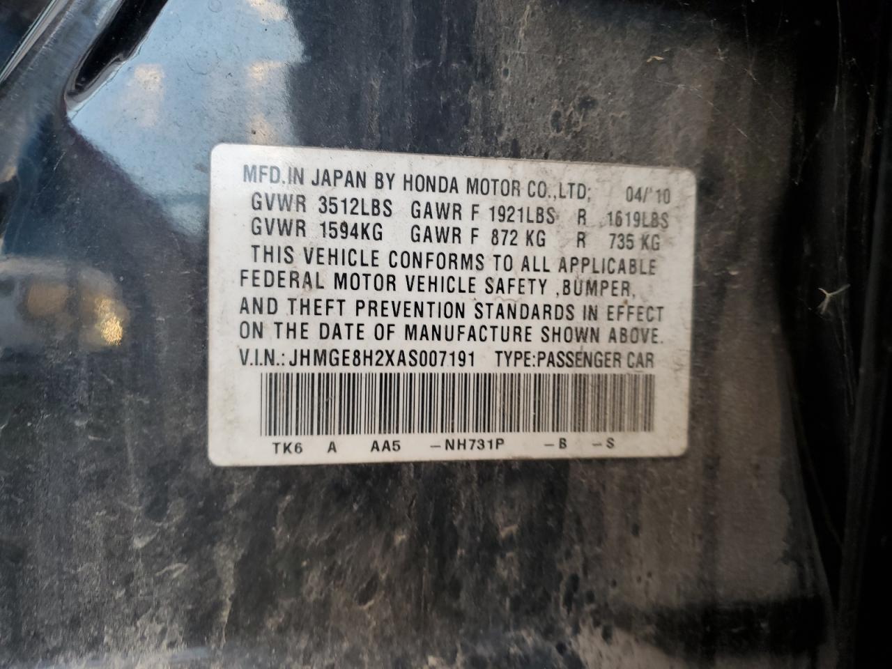 2010 Honda Fit VIN: JHMGE8H2XAS007191 Lot: 91609585