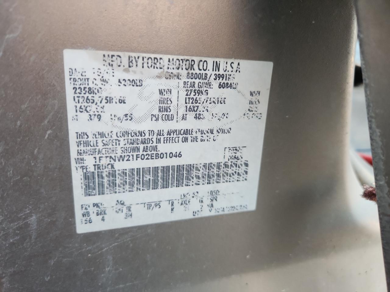 2002 Ford F250 Super Duty VIN: 1FTNW21F02EB01046 Lot: 90635005