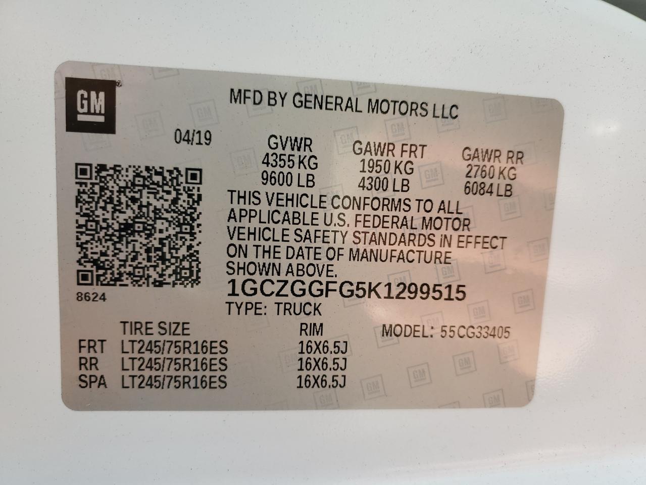 2019 Chevrolet Express G3500 VIN: 1GCZGGFG5K1299515 Lot: 93272115